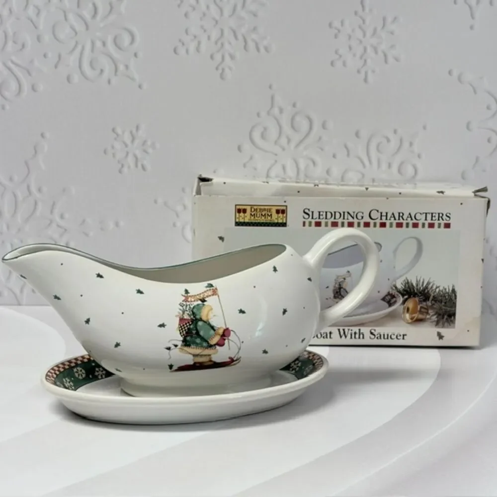 Sakura Debbie Mumm Sledding Characters Gravy Boat Saucer Christmas Box